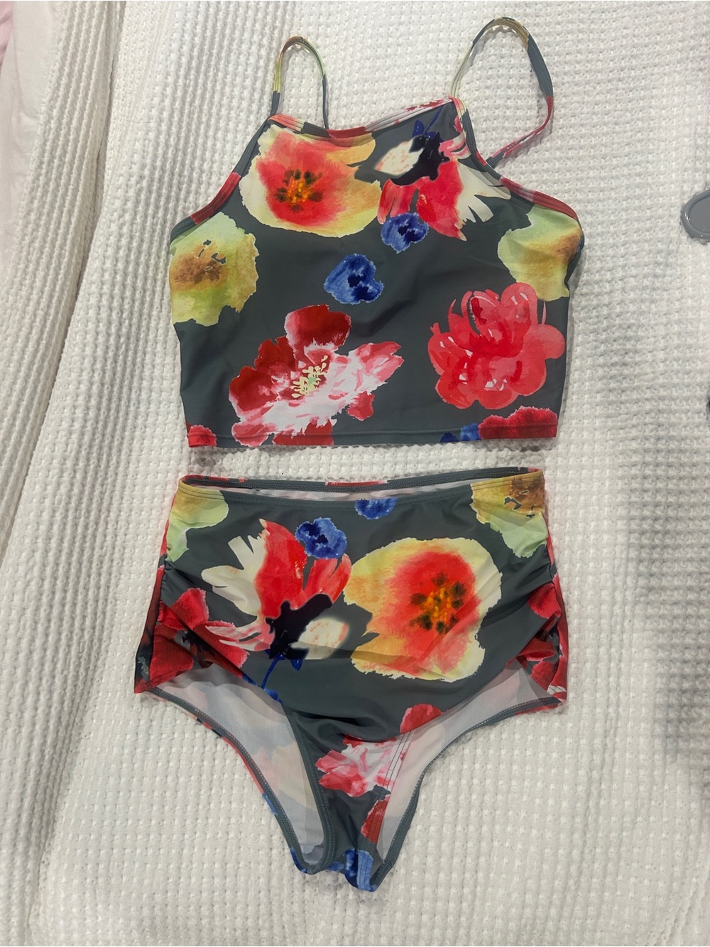 Girls' Floral High-Neck Two-Piece Swimsuit - Gray with Multi-Color Flowers